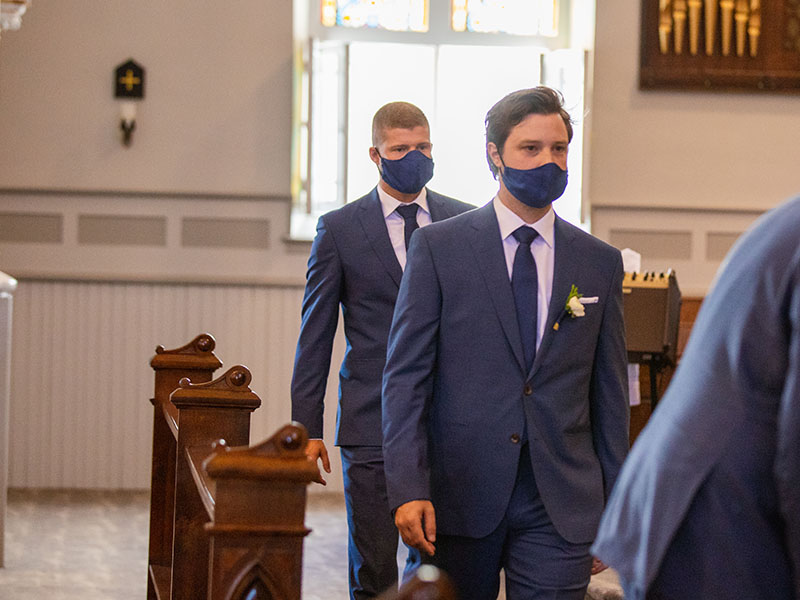 Sea and Silk Events - Ottawa Wedding Planner - COVID wedding 2020 - Groomsmen in church wedding wearing matching navy face masks