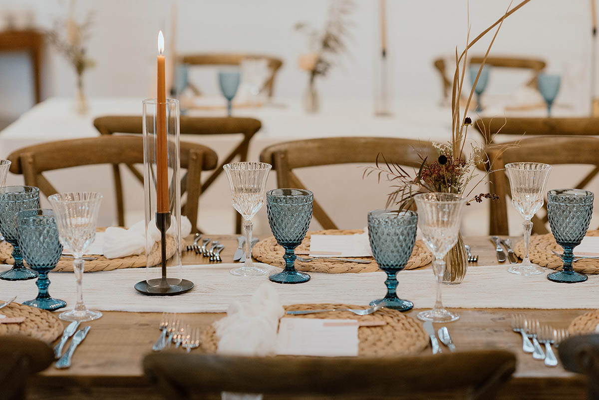 Sea and Silk Events - Wedding Decor Rentals Ottawa - Boho Minimailst Eco-concisous Bride - Black Candle Holders Goblets Rattan Placemats Hurricane Vases Textured Table Runner